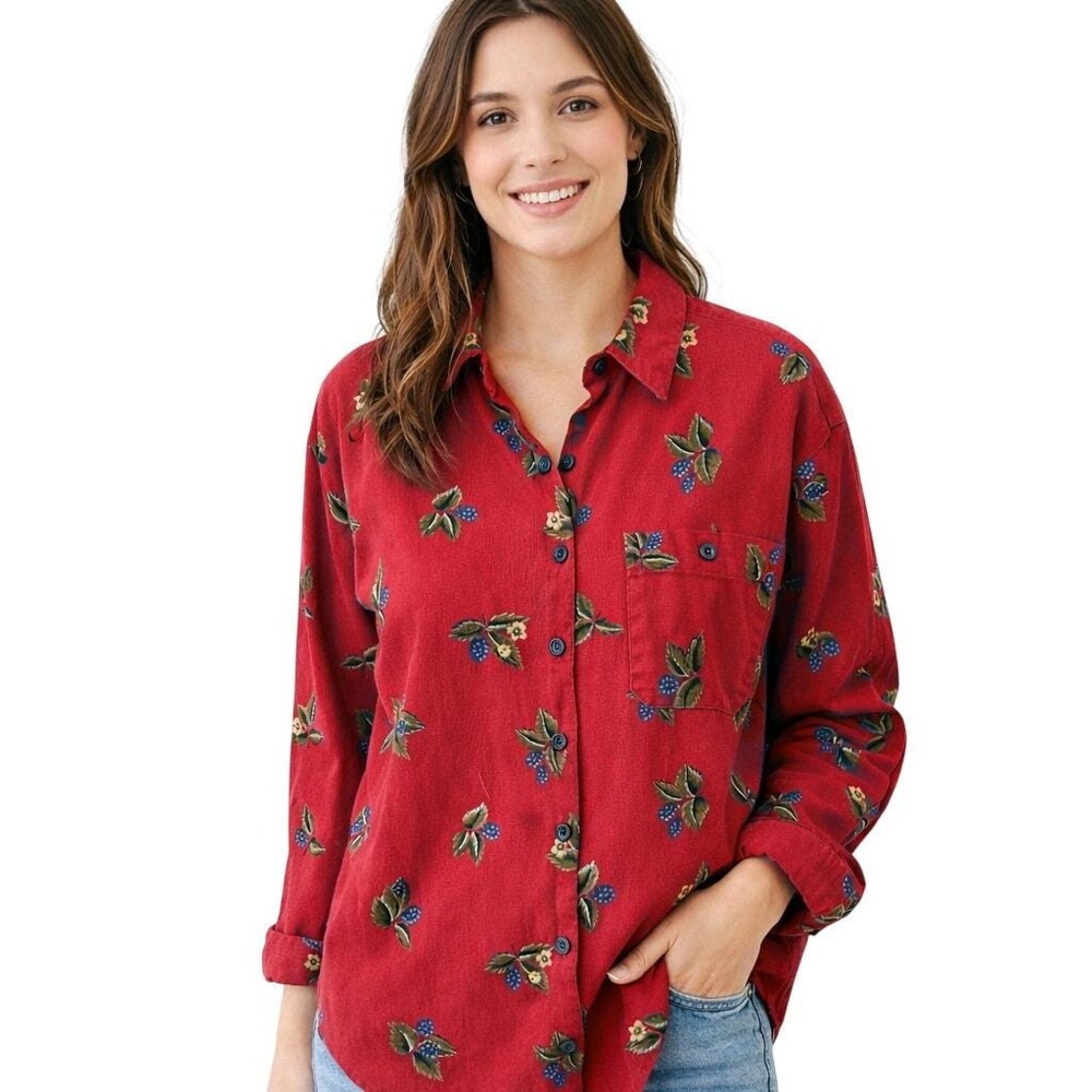 Vintage SK Wear Red Cotton Berry Print Button‎ Down Shirt L